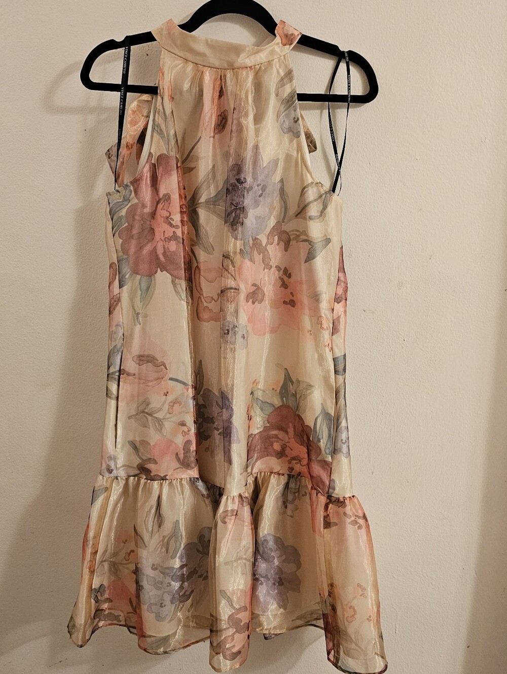 Vince Camuto Soft Yellow Floral Halter Mini Dress with Pink & Purple Blooms